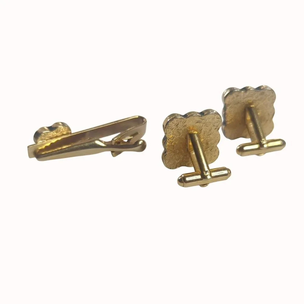 Vintage Black Gold Tone Square Grid Cufflinks and Tip Clip Set